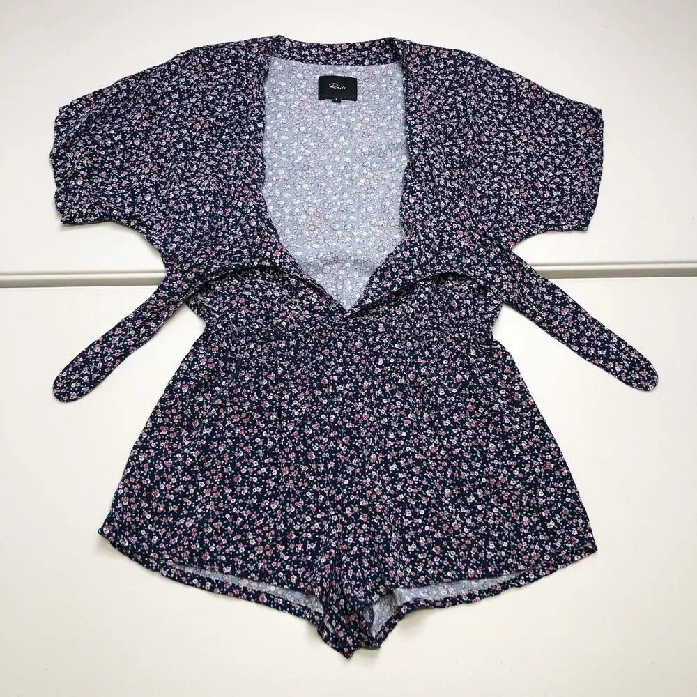 RAILS Tie Front Romper Floral Minka Wildflower Relaxed Blue Short Sleeves Small - Picture 5 of 8